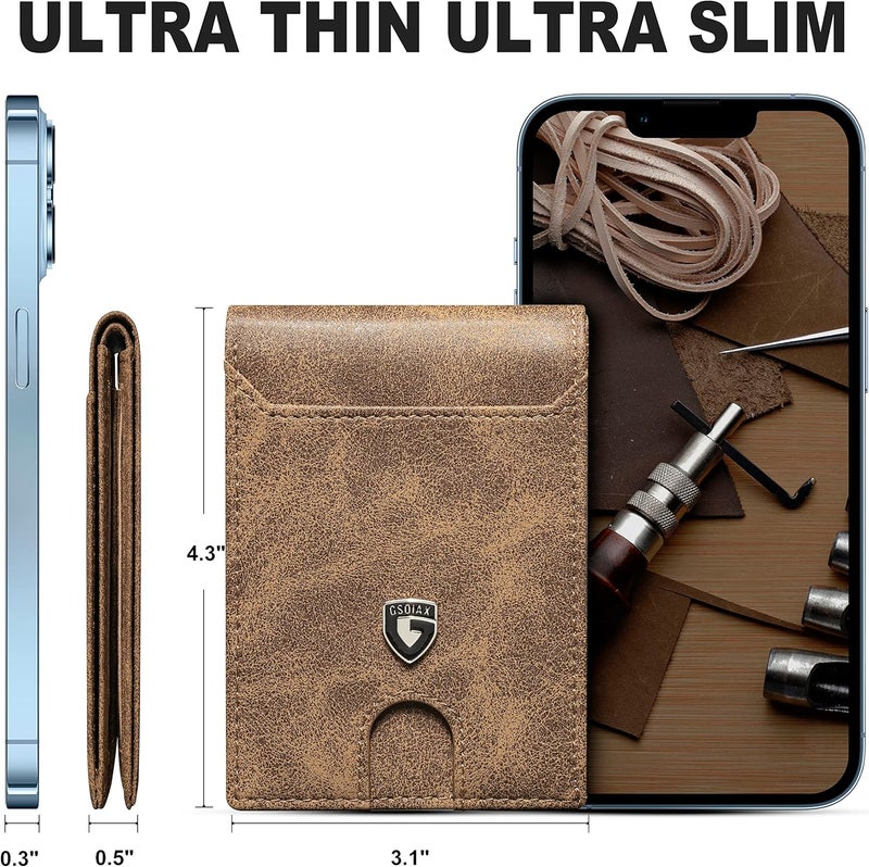 GSOIAX Slim Wallet for Men RFID Blocking Bifold Wallet Carbon Fiber Front Pocket Wallet with 11 Card Holder Minimalist Mens Wallet with Gift Box (Leather Brown) - Image 3